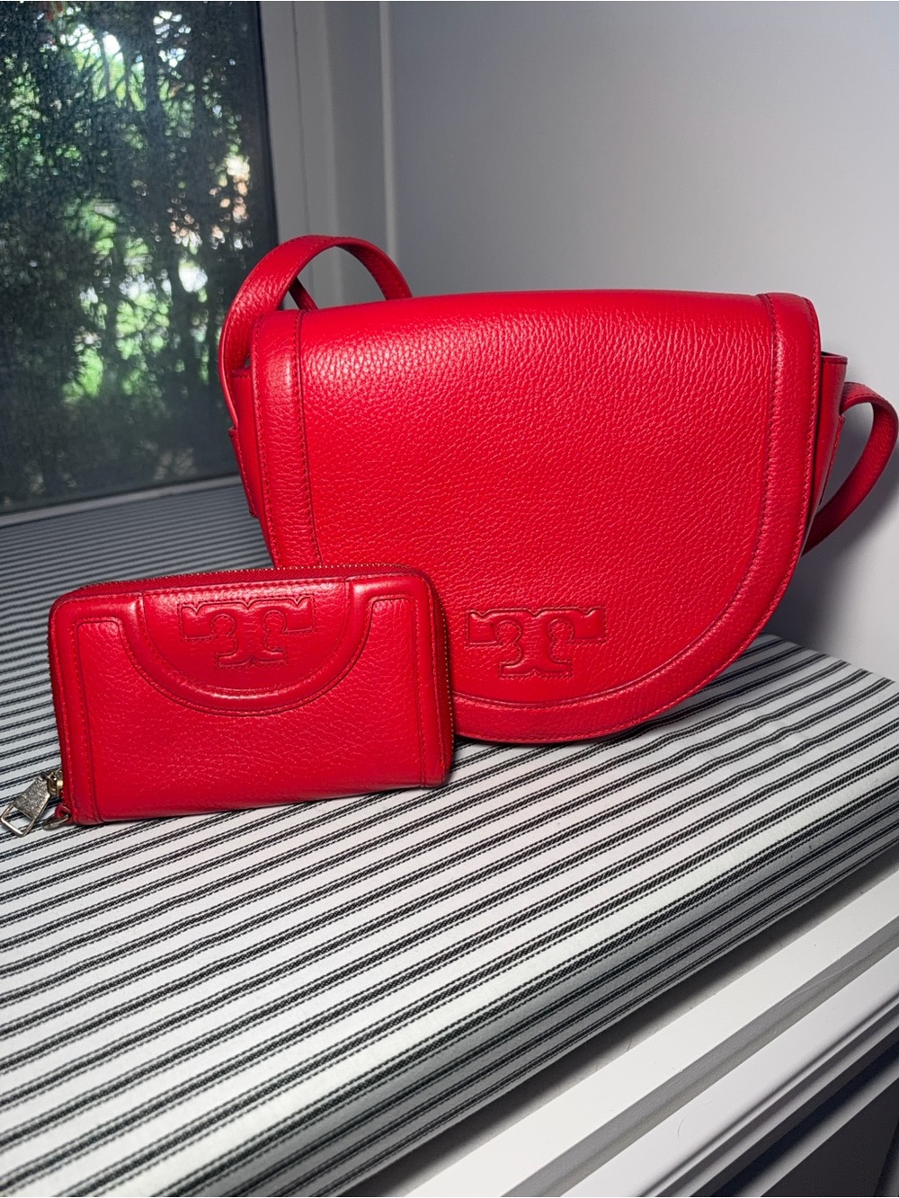 Tory Burch Vibrant Red Leather Crossbody and Wallet Set